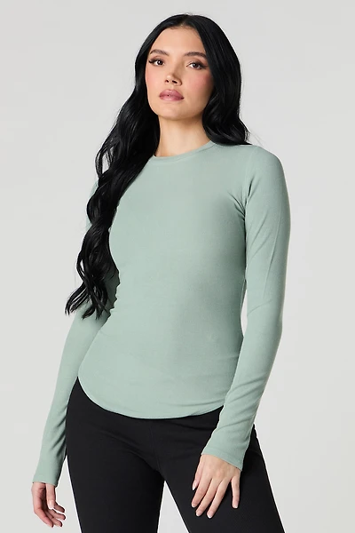 Ribbed Curved Hem Long Sleeve Top