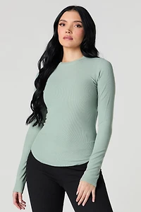 Ribbed Curved Hem Long Sleeve Top