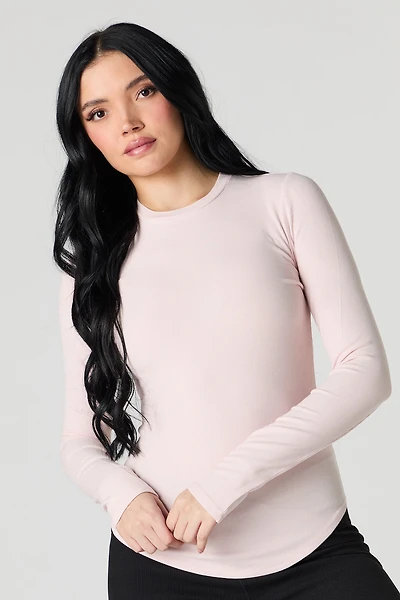 Ribbed Curved Hem Long Sleeve Top