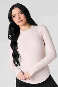 Ribbed Curved Hem Long Sleeve Top