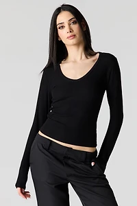 Ribbed Scoop Neck Long Sleeve Top