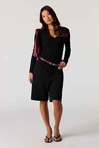 Ribbed Henley Long Sleeve Top