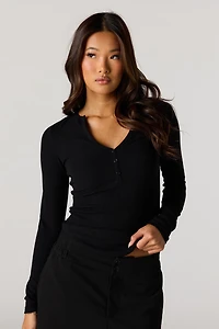 Ribbed Henley Long Sleeve Top