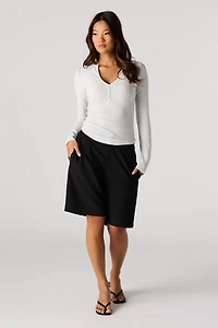 Ribbed Henley Long Sleeve Top