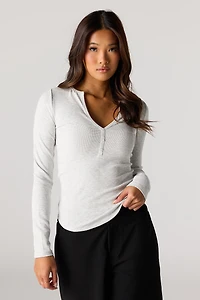 Ribbed Henley Long Sleeve Top