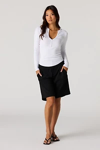Ribbed Henley Long Sleeve Top