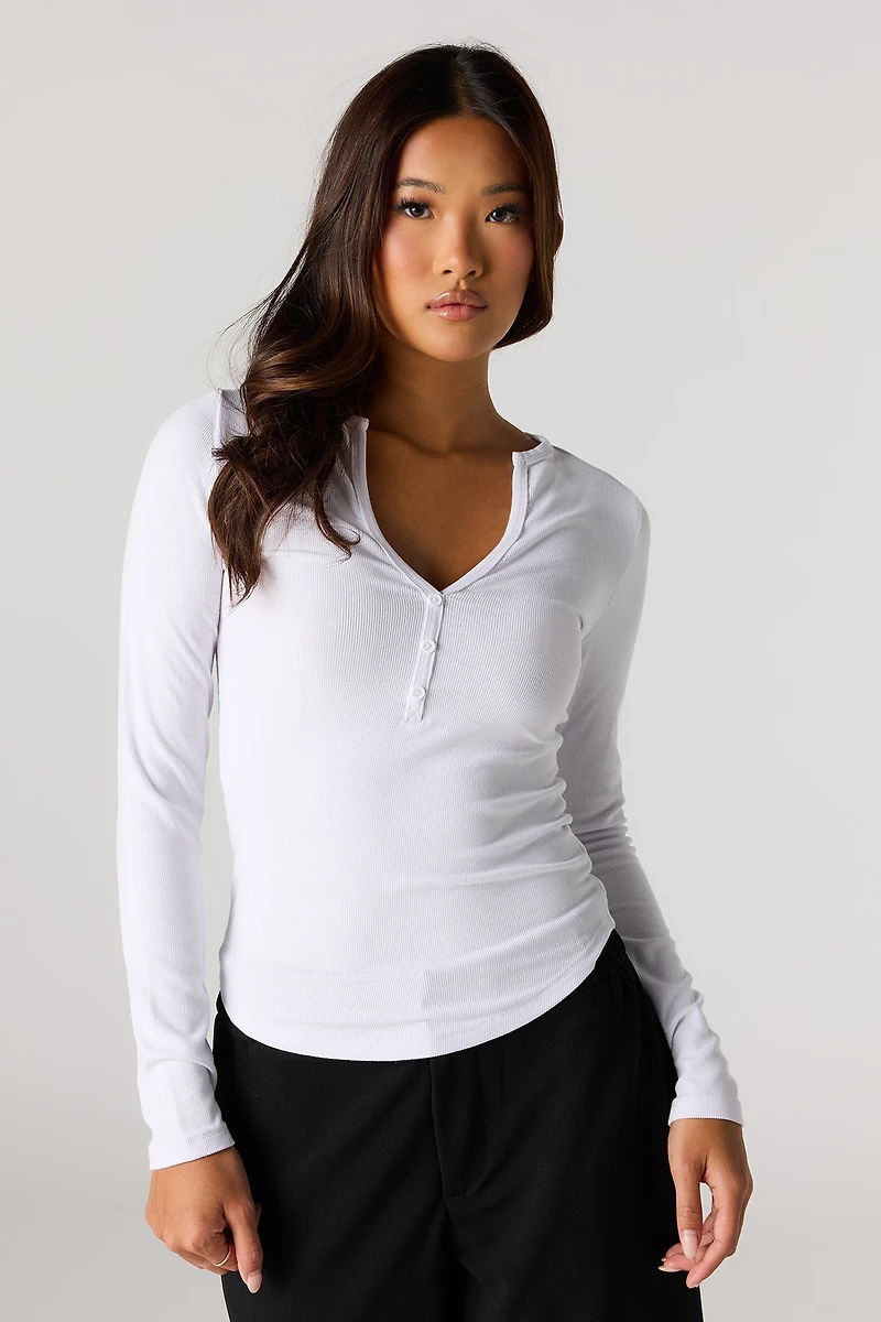 Ribbed Henley Long Sleeve Top