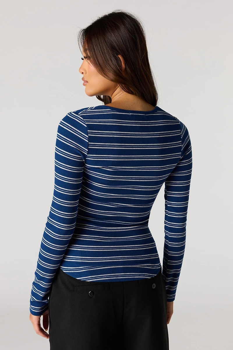 Ribbed Henley Long Sleeve Top