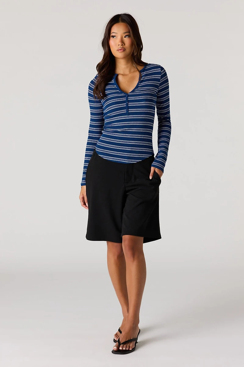 Ribbed Henley Long Sleeve Top