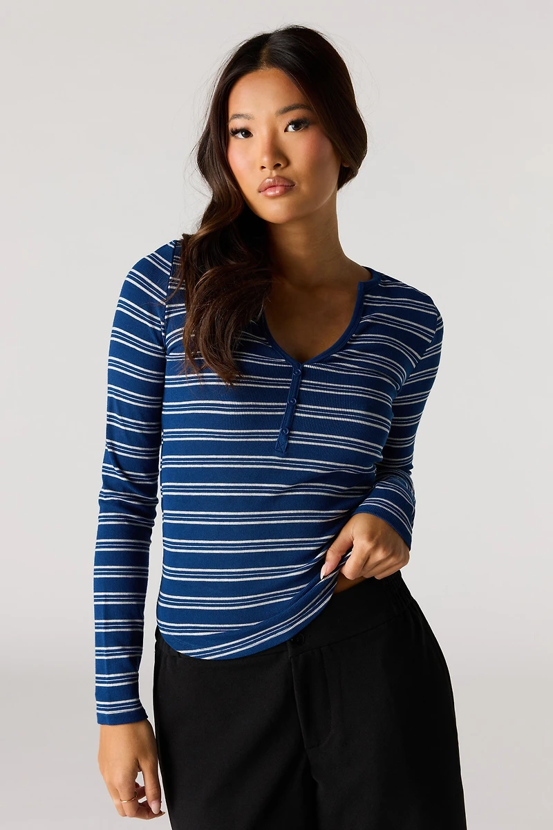 Ribbed Henley Long Sleeve Top