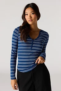 Ribbed Henley Long Sleeve Top