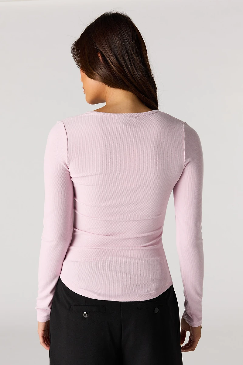 Ribbed Henley Long Sleeve Top