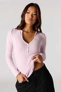 Ribbed Henley Long Sleeve Top