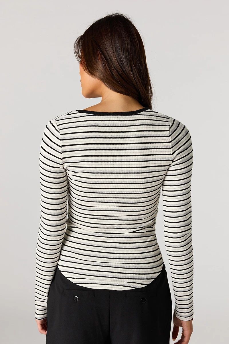 Ribbed Henley Long Sleeve Top