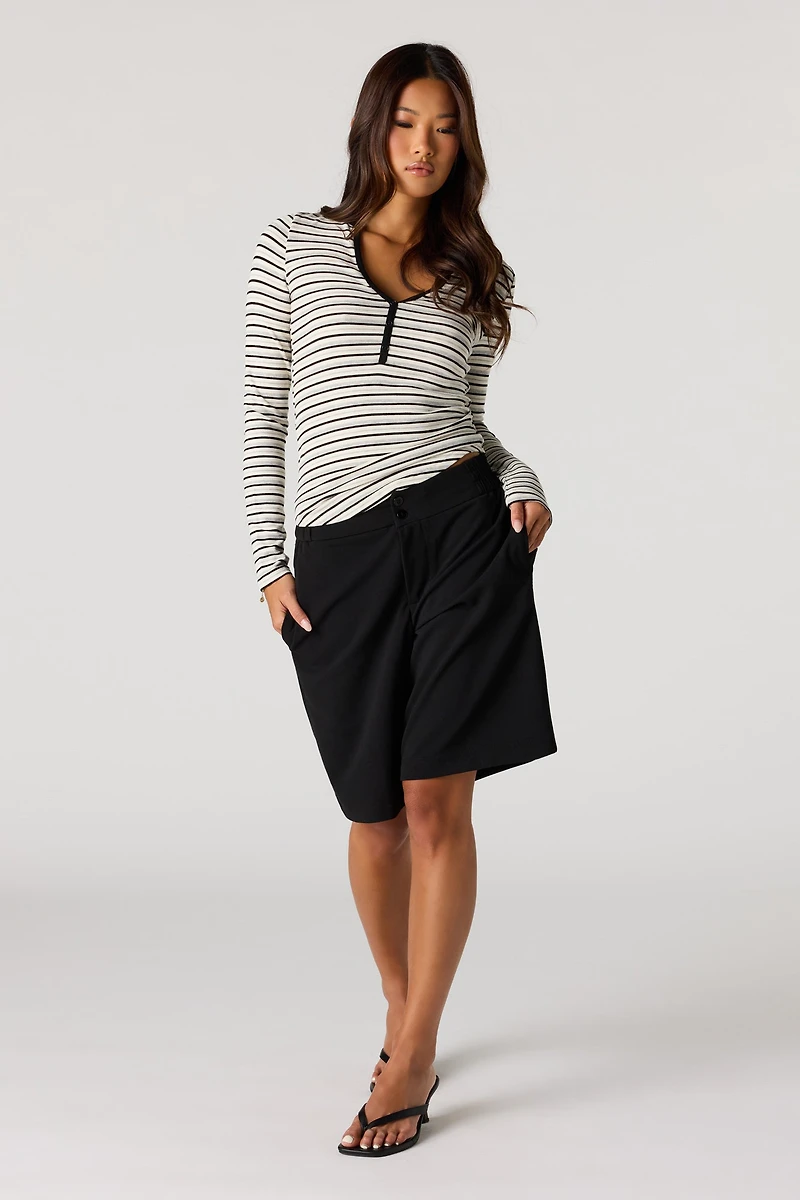 Ribbed Henley Long Sleeve Top