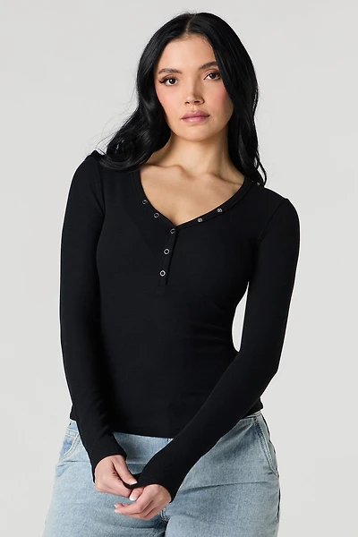 Ribbed Henley Long Sleeve Top