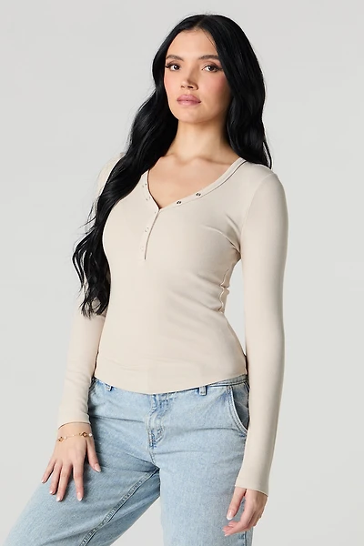Ribbed Henley Long Sleeve Top