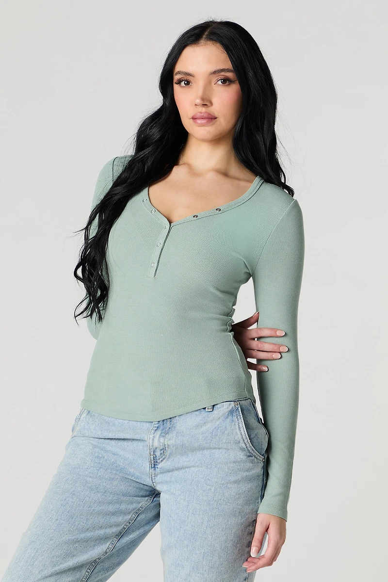 Ribbed Henley Long Sleeve Top