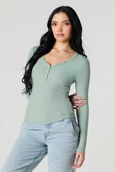 Ribbed Henley Long Sleeve Top