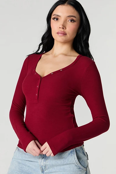 Ribbed Henley Long Sleeve Top