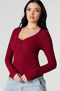 Ribbed Henley Long Sleeve Top