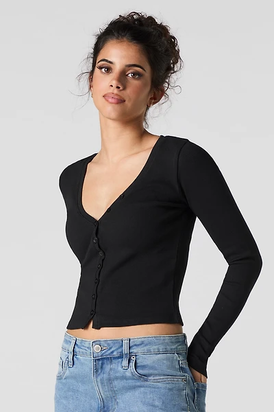 Ribbed V-Neck Button-Up Long Sleeve Top