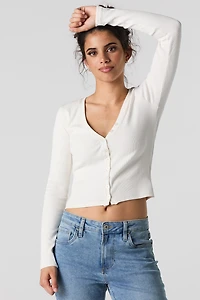 Ribbed V-Neck Button-Up Long Sleeve Top