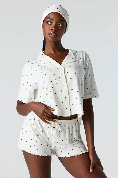 Ensemble pyjama avec haut boutonné, short et masque