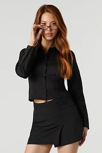 Poplin Button-Up Long Sleeve Collared Top