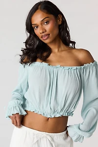 Haut texturé à manches longues avec épaules dénudées