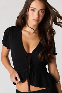 Textured Tie Front Short Sleeve Top