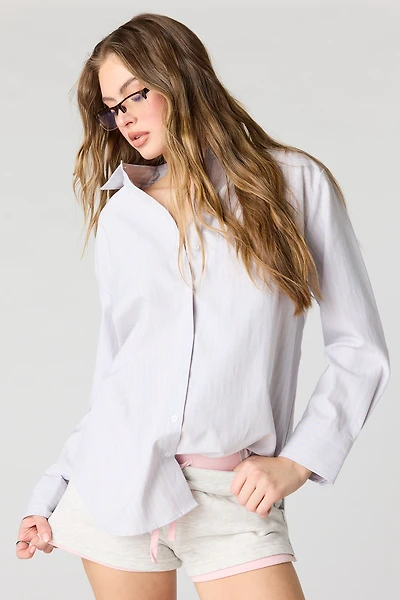 Oversized Button-Up Collared Long Sleeve Top