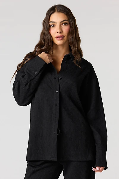 Textured Knit Button-Up Long Sleeve Top