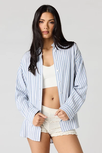 Linen-Blend Long Sleeve Button-Up Top