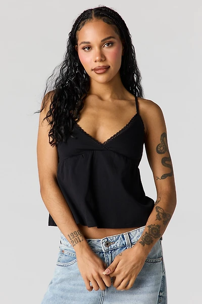 Surplice Lace Trim Babydoll Tank