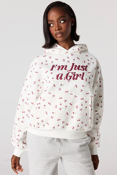 Just a Girl Puff Print Boxy Fleece Hoodie