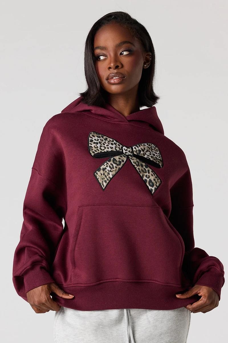 Cheetah Bow Twill Embroidered Boxy Fleece Hoodie