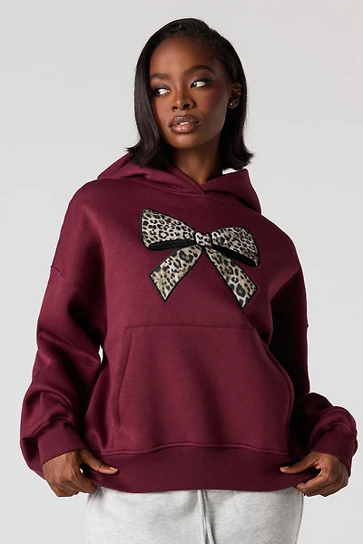 Cheetah Bow Twill Embroidered Boxy Fleece Hoodie