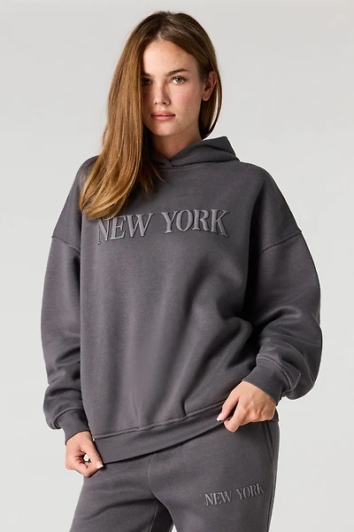 NY Puff Print Boxy Fleece Hoodie