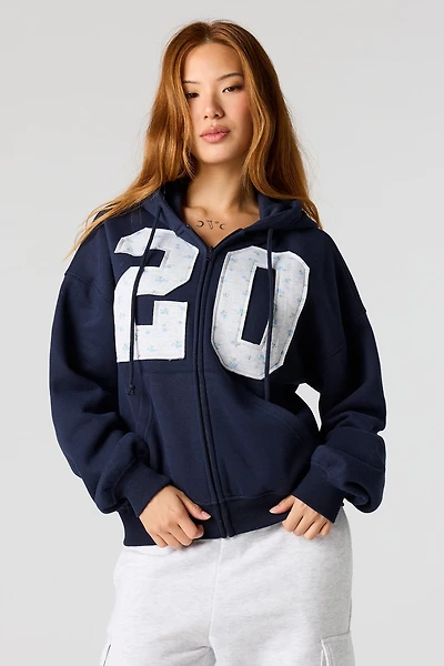 Floral Patch Boxy Zip-Up Hoodie