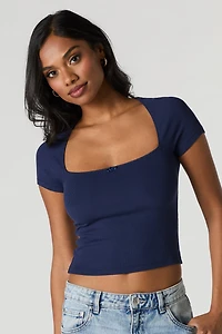 Ribbed Square Neck Rosette Cropped T-Shirt