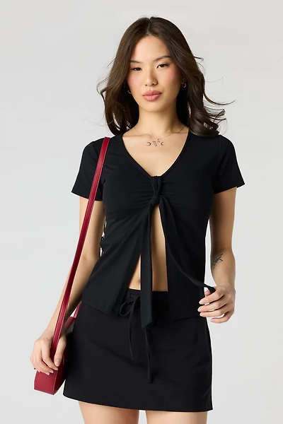 Knot Front Short Sleeve Flyaway Top