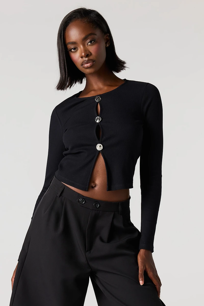 Ribbed Metal Button Long Sleeve Top