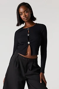 Ribbed Metal Button Long Sleeve Top