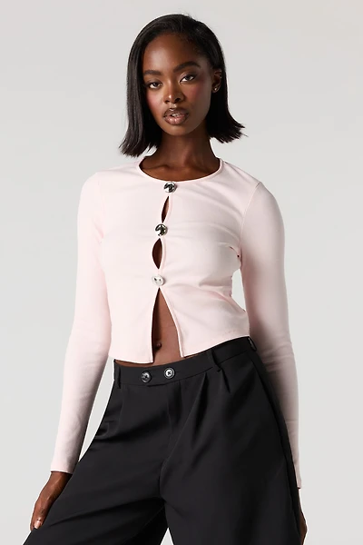 Ribbed Metal Button Long Sleeve Top