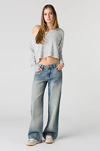 Haut texturé rayé à manche longue et épaule dégagée