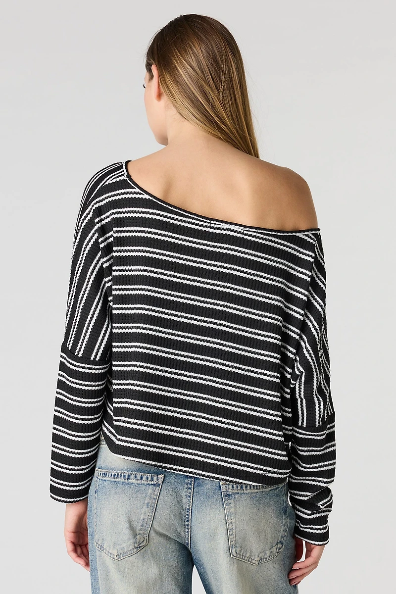 Haut texturé rayé à manche longue et épaule dégagée