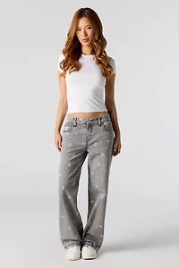 Low Rise Bow Print Baggy Jean