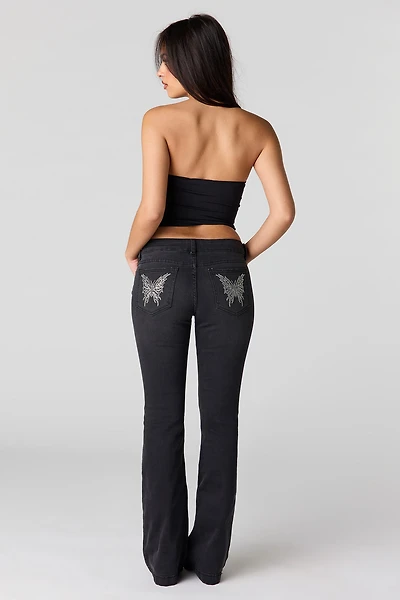 Stretch Low Rise Embroidered Pocket Flare Jean