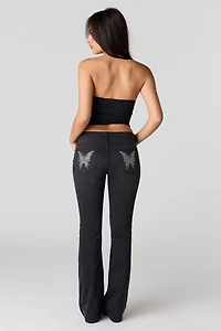 Stretch Low Rise Embroidered Pocket Flare Jean